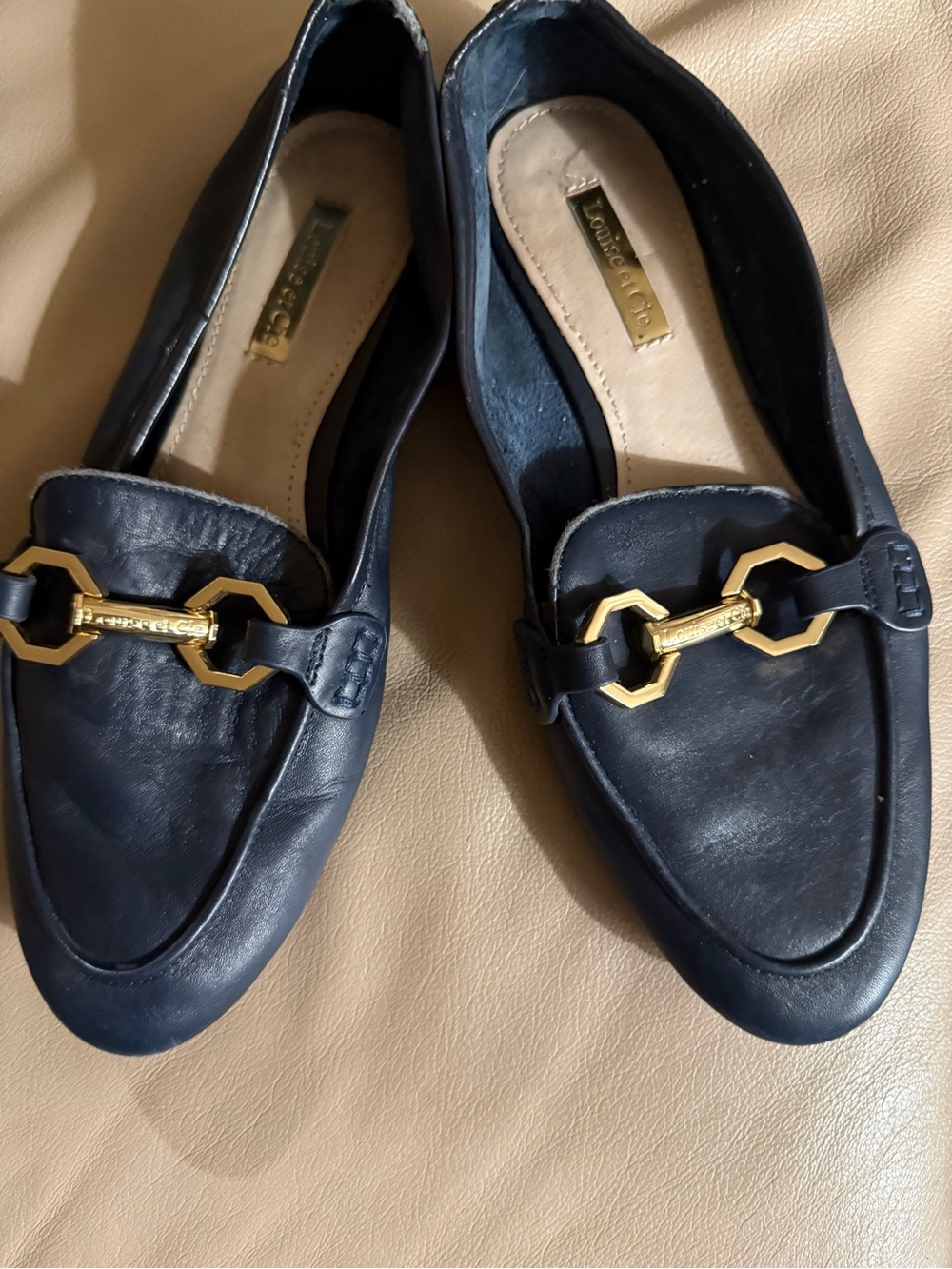 Louise et Cie Navy Leather Loafers with Gold Horsebit